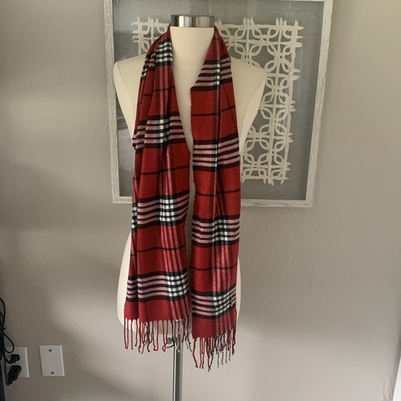 Cashmere winter scarf red black and white plaid with braided fringe - Picture 1 of 5